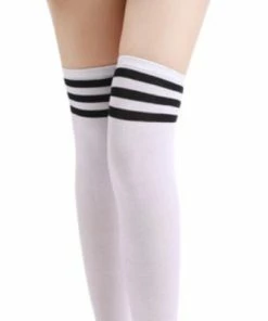 Voorpagina 19 NiMo Commerce Witte Overknee Kousen Dames - Kniekousen Met Zwarte Strepen - Cosplay - Schoolgirl - Lolita - Lapdance - Roleplay