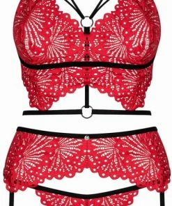 Obsessive Mettia 3-delige Kanten Jarretel Set - Zwart/Rood - L/XL