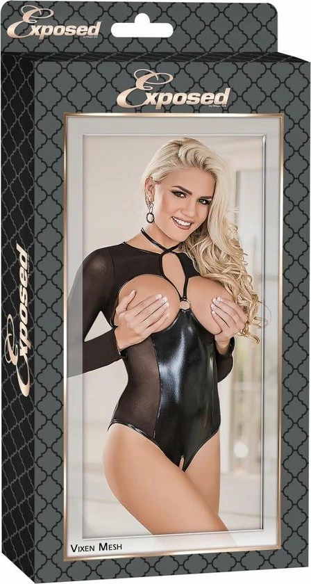 Magic Silk - Vixen Mesh Long Sleeve Cupless & Crotchless Teddy - Black - S / M 2 Magic Silk - Vixen Mesh Long Sleeve Cupless & Crotchless Teddy - Black - S / M - Afbeelding 2