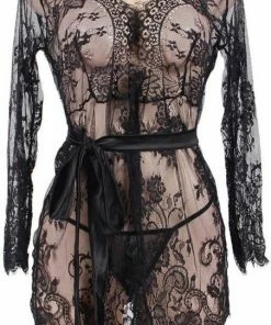 Merkloos Transparante Zwarte Kanten Kimono Met Lange Mouwen | Maat 40/42 | Avondjas - Ochtendjas - Badjas -Cottelli Collection Shop 452x840