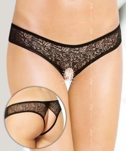 Softline - Dames Lingerie - Sexy Kanten String Met Open Kruis En Open Achterkant - Uitdagend Bloemen Motief - Doorschijnend - M/L - Zwart