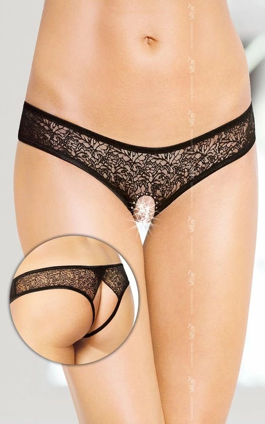 Softline - Dames Lingerie - Sexy Kanten String Met Open Kruis En Open Achterkant - Uitdagend Bloemen Motief - Doorschijnend - M/L - Zwart 1 Softline - Dames Lingerie - Sexy Kanten String Met Open Kruis En Open Achterkant - Uitdagend Bloemen Motief - Doorschijnend - M/L - Zwart